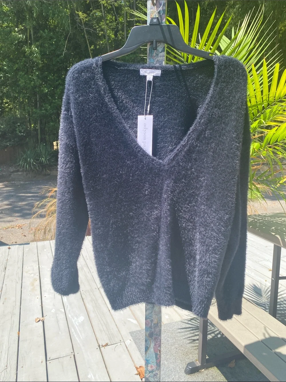 Adyson Parker Black Fuzzy V-Neck Pullover Sweater